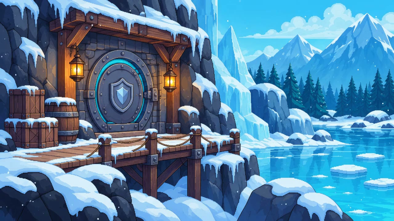 The Protected Vault: a timber treasury vault resting in a quiet snowy landscape.