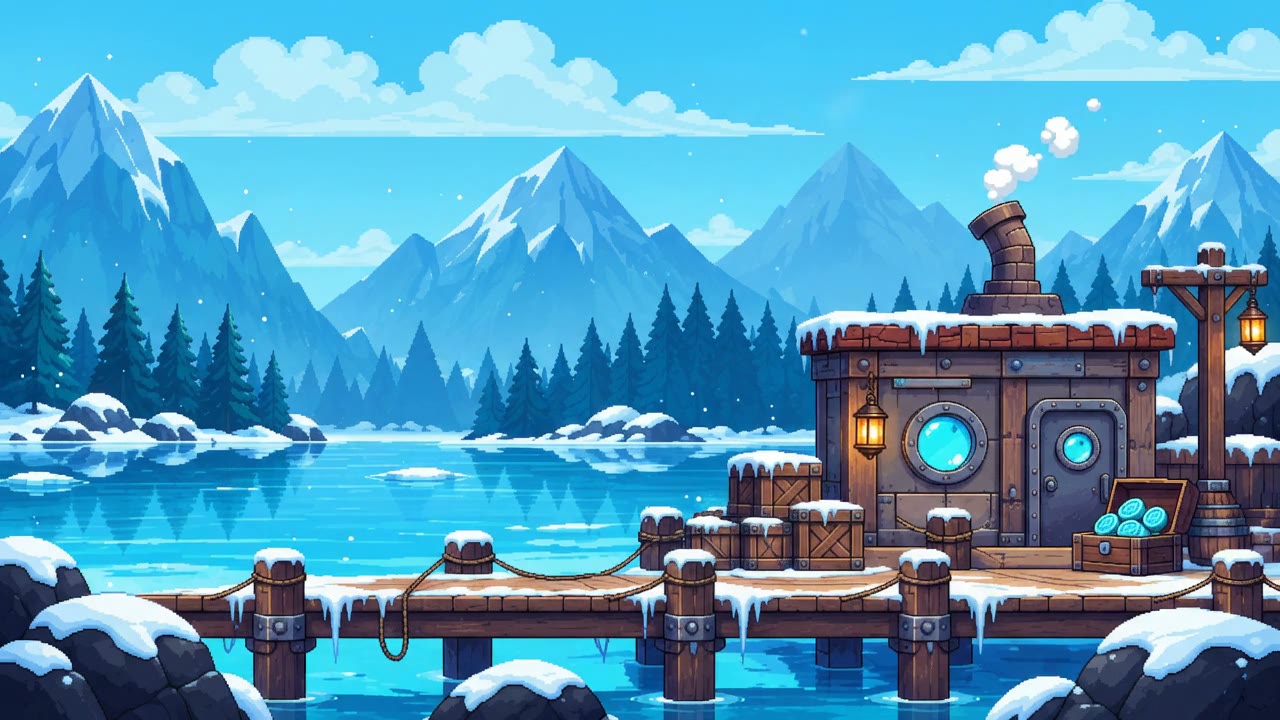 A snowy treasury harbor beside turquoise water and distant mountains.