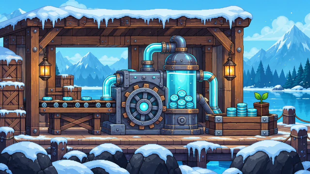 The Yield Engine: an icy workshop where a warm engine routes borrowed USDC into selected DeFi opportunities.